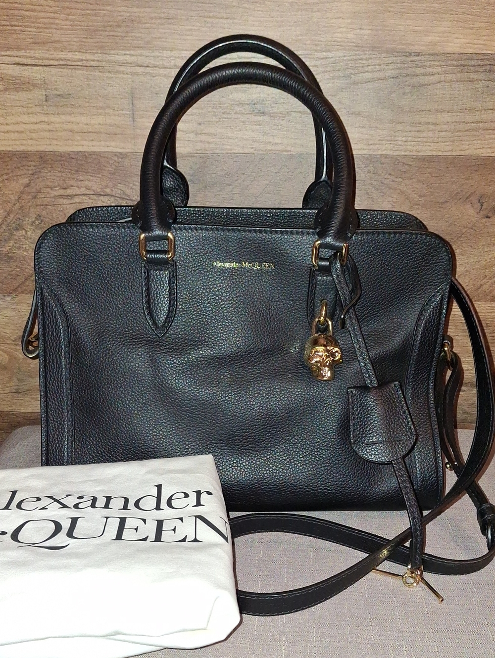 Alexander McQueen Black Leather Satchel with Gold Skull Accent